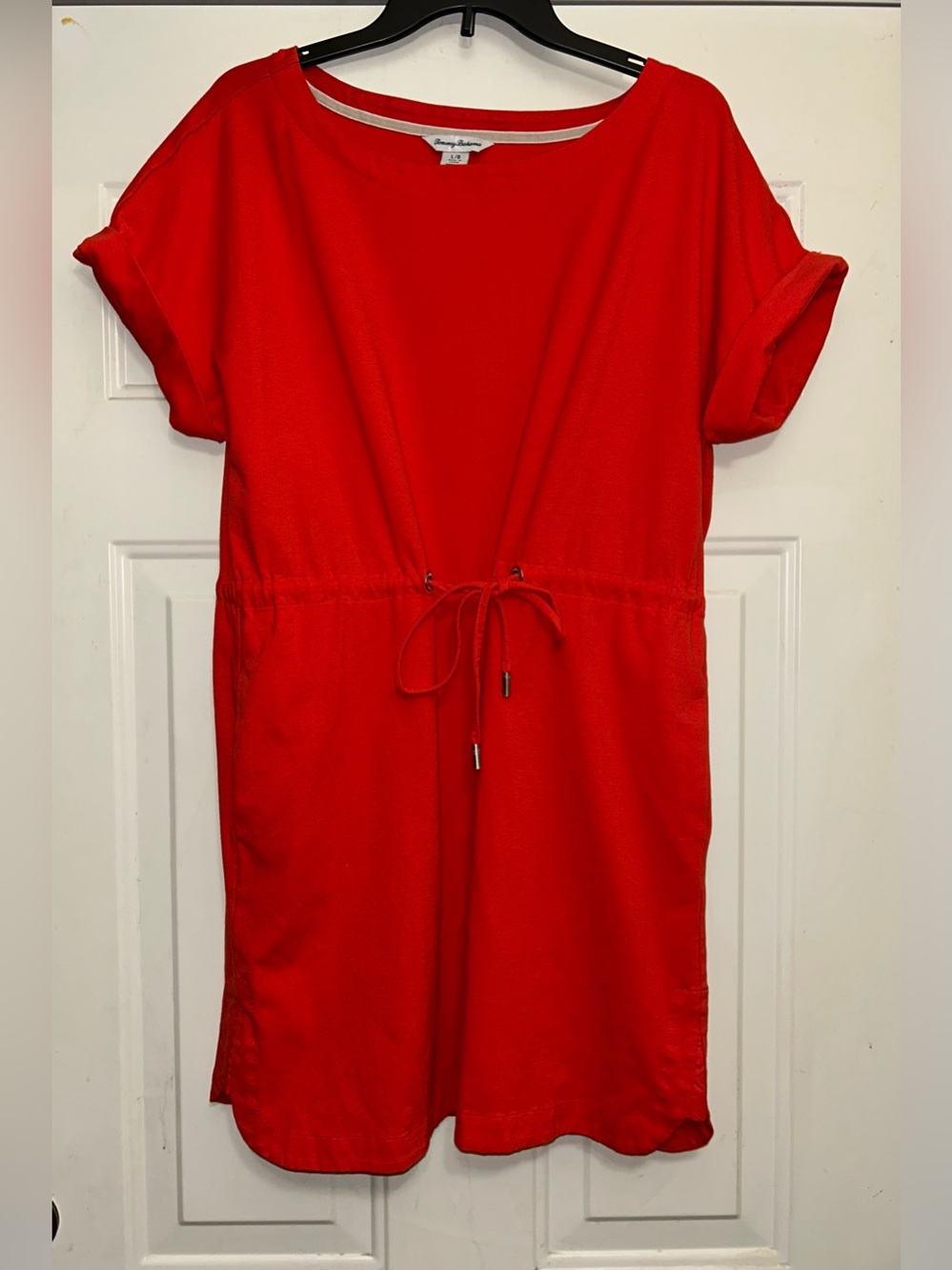 Tommy Bahama Women’s Veranda Drawstring Waist Dress Pockets Large Red Orange - Picture 2 of 7